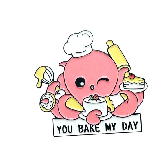 ☀️Enamel Pin You Bake My Day Octopus Baking Alloy Enamel Brooch Pink Animal☀️ - Picture 7 of 7